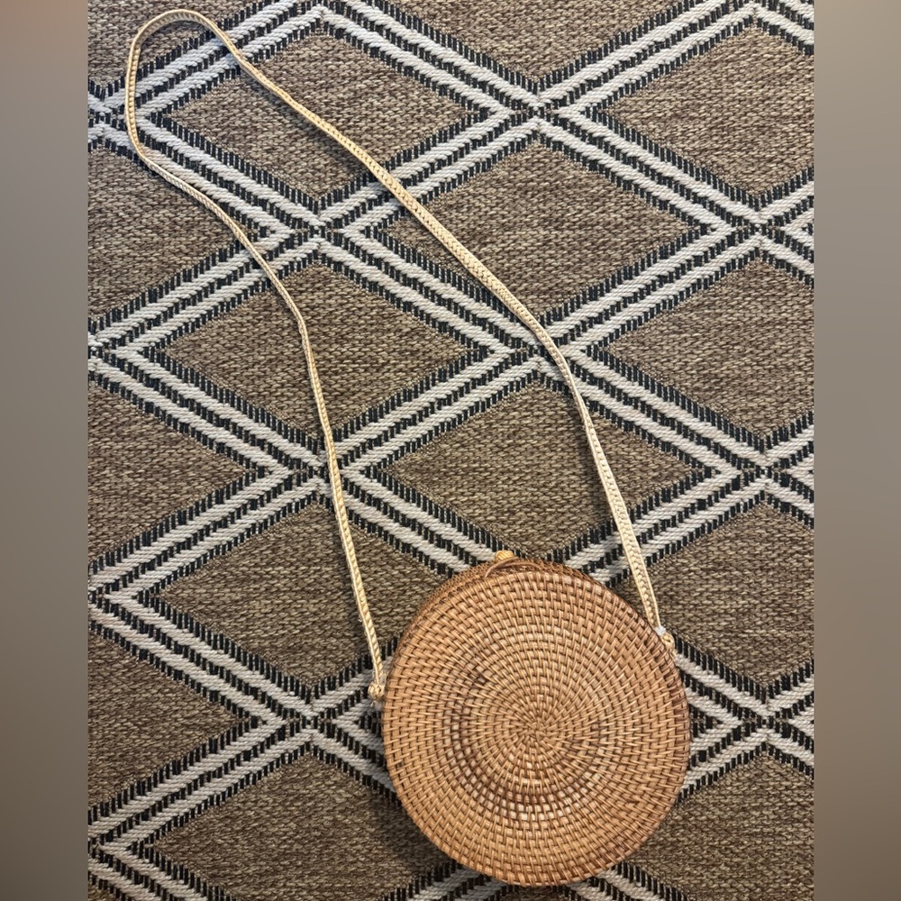 Round Tan Woven Crossbody Bag